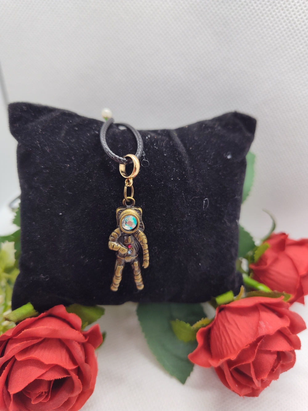 Astronaut Charm Necklace in Brass Tone with Black Cord